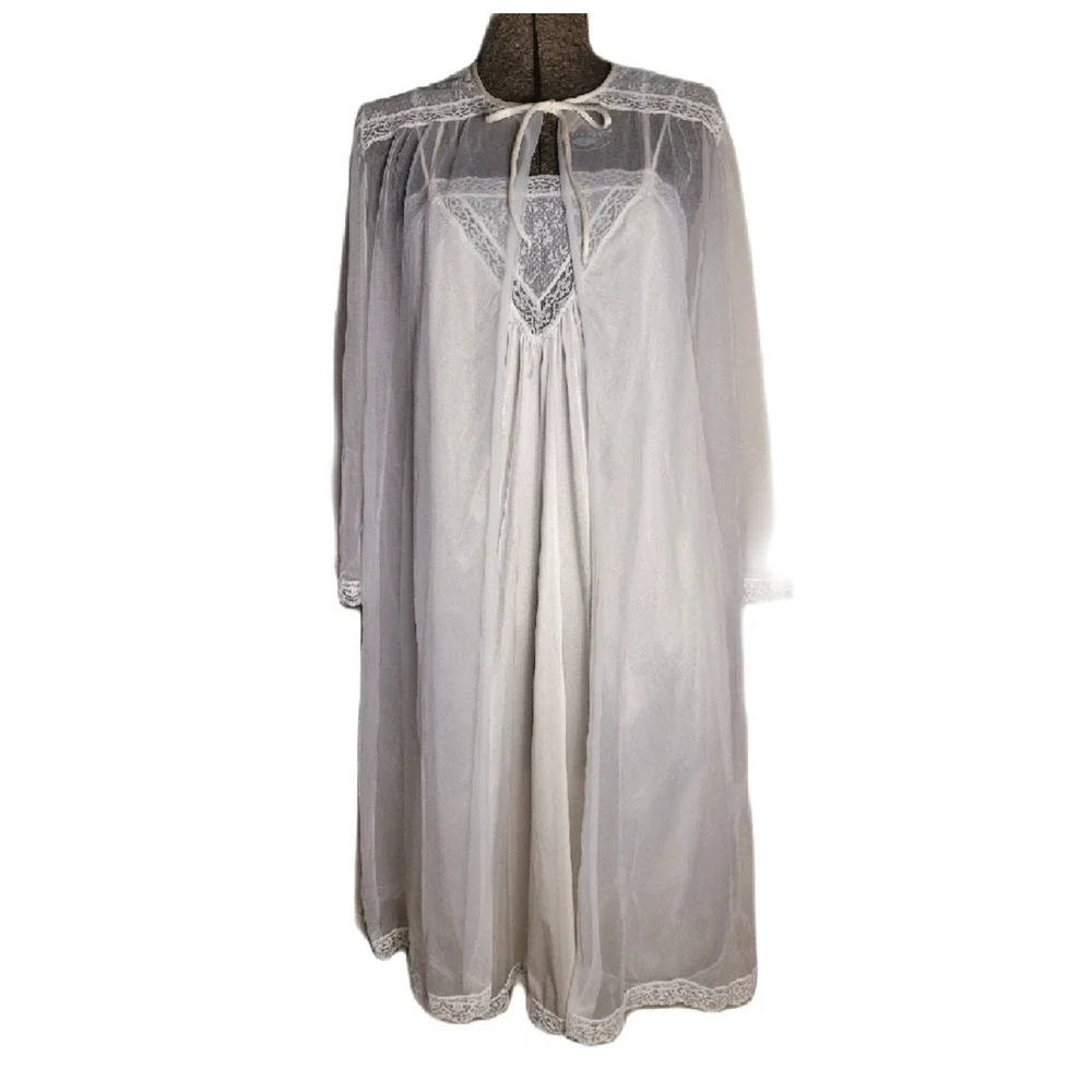Vintage 60s‎ 70s Peignoir Nightgown Set Bed Coat White Bridal Slip M Gilead